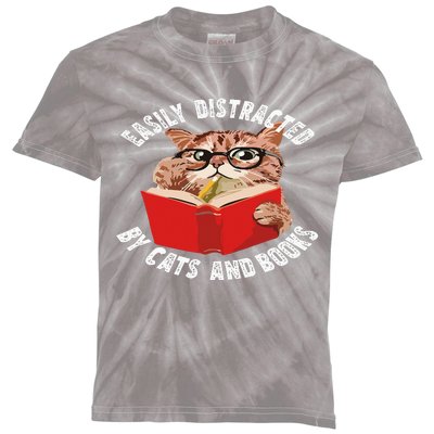 Easily Distracted by Cats and Books - Funny Cat & Book Lover Kids Tie-Dye T-Shirt