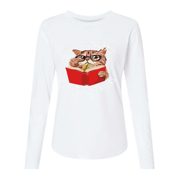 Easily Distracted by Cats and Books - Funny Cat & Book Lover Womens Cotton Relaxed Long Sleeve T-Shirt