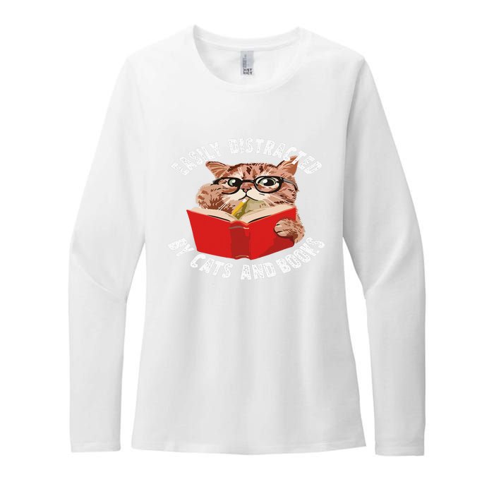 Easily Distracted by Cats and Books - Funny Cat & Book Lover Womens CVC Long Sleeve Shirt