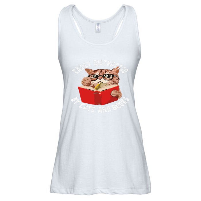 Easily Distracted by Cats and Books - Funny Cat & Book Lover Ladies Essential Flowy Tank