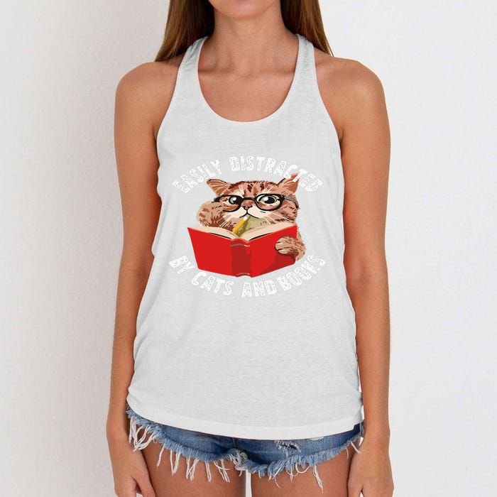 Easily Distracted by Cats and Books - Funny Cat & Book Lover Women's Knotted Racerback Tank