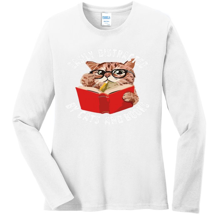 Easily Distracted by Cats and Books - Funny Cat & Book Lover Ladies Long Sleeve Shirt