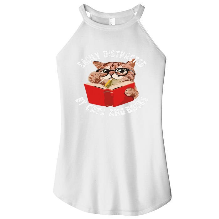 Easily Distracted by Cats and Books - Funny Cat & Book Lover Women's Perfect Tri Rocker Tank