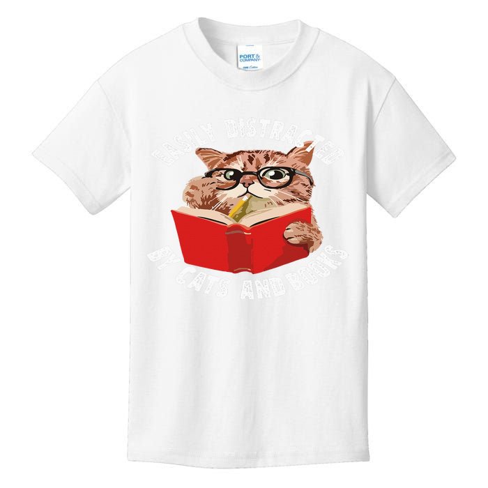 Easily Distracted by Cats and Books - Funny Cat & Book Lover Kids T-Shirt