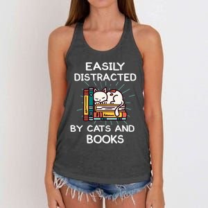 Easily distracted by cats and books Reading cats Main coon Women's Knotted Racerback Tank