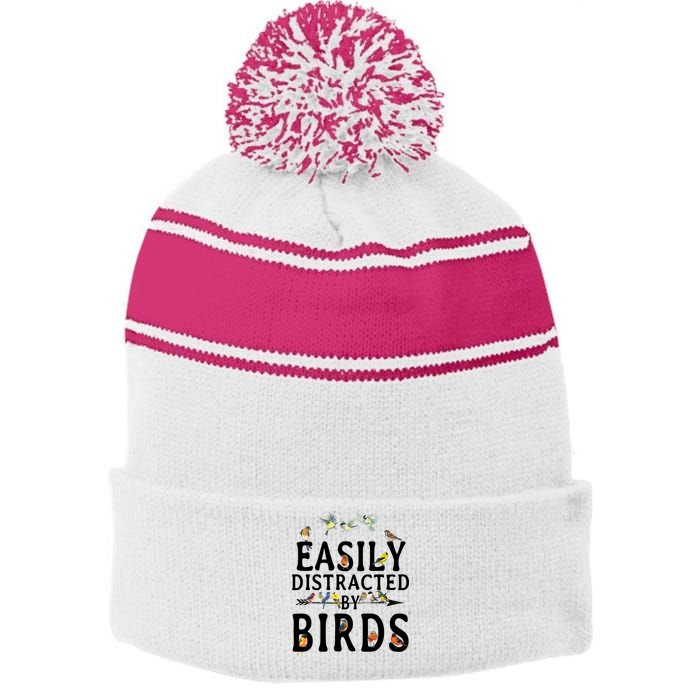 Easily Distracted By Birds Bird Lover Stripe Pom Pom Beanie