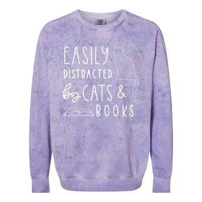 Easily Distracted Cats And Books Funny Gift For Cat Lovers Colorblast Crewneck Sweatshirt