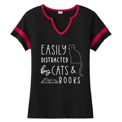 Easily Distracted Cats And Books Funny Gift For Cat Lovers Ladies Halftime Notch Neck Tee