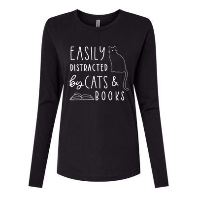 Easily Distracted Cats And Books Funny Gift For Cat Lovers Womens Cotton Relaxed Long Sleeve T-Shirt