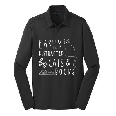 Easily Distracted Cats And Books Funny Gift For Cat Lovers Silk Touch Performance Long Sleeve Polo