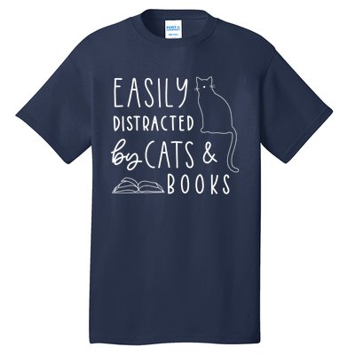 Easily Distracted Cats And Books Funny Gift For Cat Lovers Tall T-Shirt