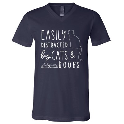 Easily Distracted Cats And Books Funny Gift For Cat Lovers V-Neck T-Shirt