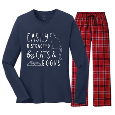 Easily Distracted Cats And Books Funny Gift For Cat Lovers Women's Long Sleeve Flannel Pajama Set 