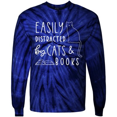 Easily Distracted Cats And Books Funny Gift For Cat Lovers Tie-Dye Long Sleeve Shirt