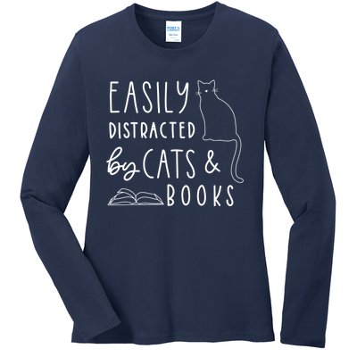 Easily Distracted Cats And Books Funny Gift For Cat Lovers Ladies Long Sleeve Shirt