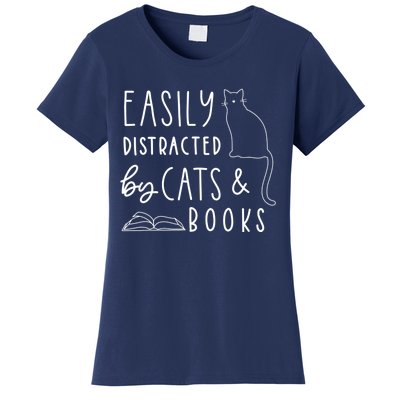 Easily Distracted Cats And Books Funny Gift For Cat Lovers Women's T-Shirt