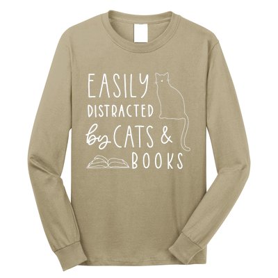 Easily Distracted Cats And Books Funny Gift For Cat Lovers Long Sleeve Shirt