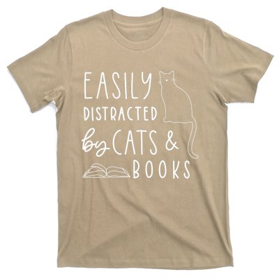 Easily Distracted Cats And Books Funny Gift For Cat Lovers T-Shirt