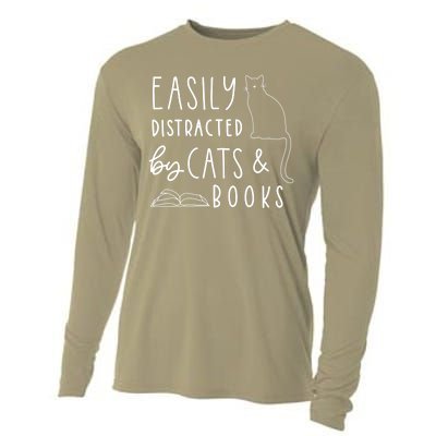 Easily Distracted Cats And Books Funny Gift For Cat Lovers Cooling Performance Long Sleeve Crew