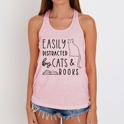 Easily Distracted Cats And Books Funny Gift For Cat Lovers Meaningful Gift Women's Knotted Racerback Tank