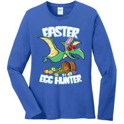 Easter Dinosaur Cute Gift Egg Hunter Bunny Ears Pterodactyl Funny Gift Ladies Long Sleeve Shirt