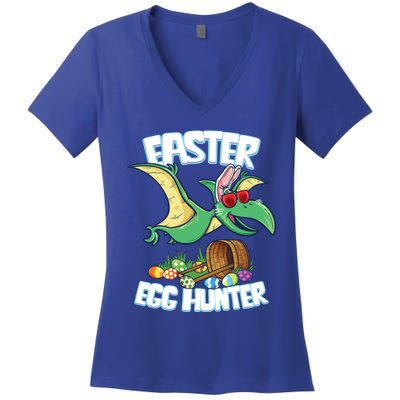 Easter Dinosaur Cute Gift Egg Hunter Bunny Ears Pterodactyl Funny Gift Women's V-Neck T-Shirt