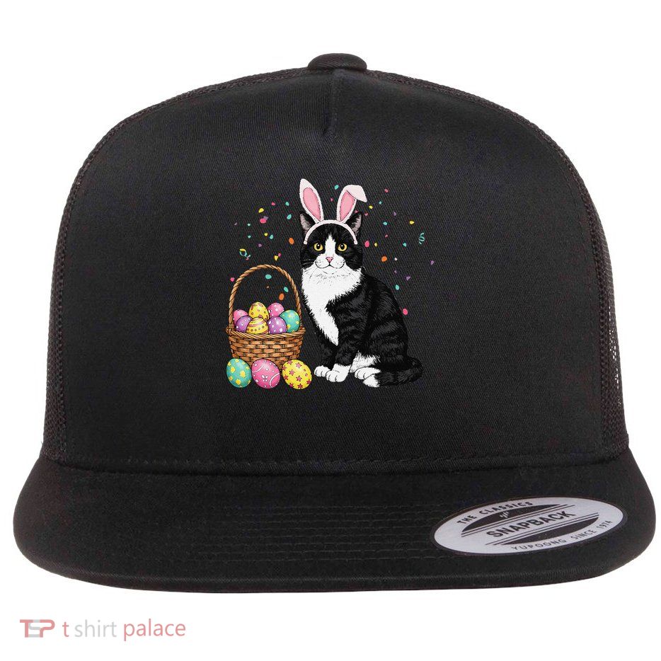 Easter Day Cat Bunny Ears Eggs Graphic Women Funny Gift Flat Bill Trucker Hat