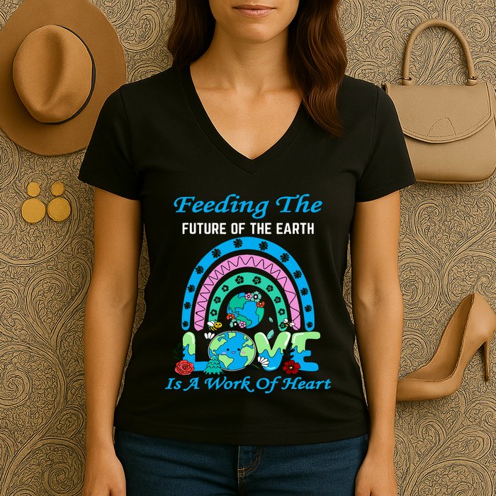 Earth Day Chef Lunch Lady Feeding Is A Work Of Heart Women's V-Neck T-Shirt