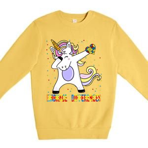 Embrace Differences Dabbing Unicorn Autism Awareness Gift Premium Crewneck Sweatshirt