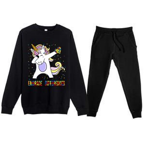 Embrace Differences Dabbing Unicorn Autism Awareness Gift Premium Crewneck Sweatsuit Set