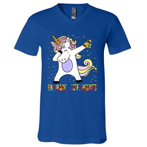 Embrace Differences Dabbing Unicorn Autism Awareness Gift V-Neck T-Shirt