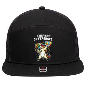 Embrace Differences Dabbing Unicorn Gift Autism Awareness Funny Gift 7 Panel Mesh Trucker Snapback Hat