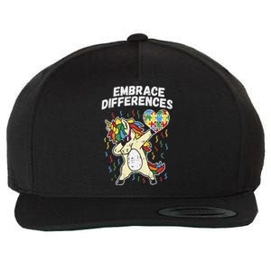 Embrace Differences Dabbing Unicorn Gift Autism Awareness Funny Gift Wool Snapback Cap