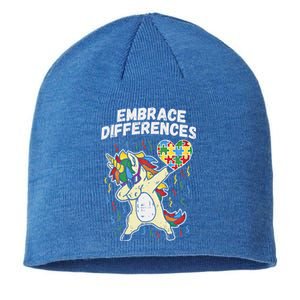 Embrace Differences Dabbing Unicorn Gift Autism Awareness Funny Gift Sustainable Beanie