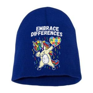 Embrace Differences Dabbing Unicorn Gift Autism Awareness Funny Gift Short Acrylic Beanie