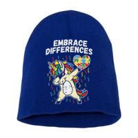 Embrace Differences Dabbing Unicorn Gift Autism Awareness Funny Gift Short Acrylic Beanie