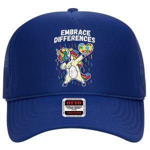 Embrace Differences Dabbing Unicorn Gift Autism Awareness Funny Gift High Crown Mesh Back Trucker Hat