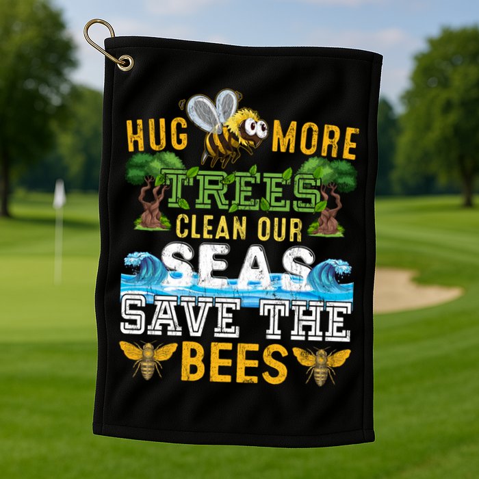Earth Day Design Hug More Trees Clean Our Seas Save The Bees Gift Golf Towel