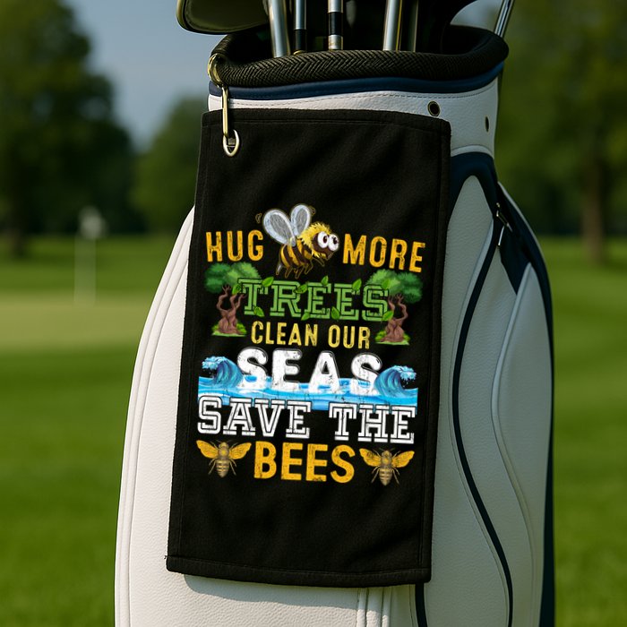 Earth Day Design Hug More Trees Clean Our Seas Save The Bees Gift Golf Towel