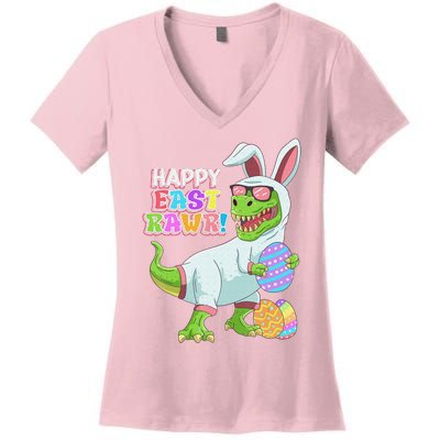 Easter Day Dinosaur Funny Happy Eastrawr T Rex Easter Women's V-Neck T-Shirt