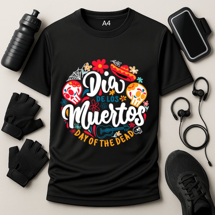 El Dia De Los Muertos Day Of The Dead Skull Sambrero Guitar Cooling Performance Crew T-Shirt