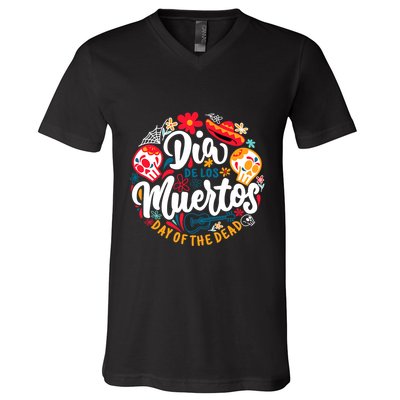 El Dia De Los Muertos Day Of The Dead Skull Sambrero Guitar V-Neck T-Shirt