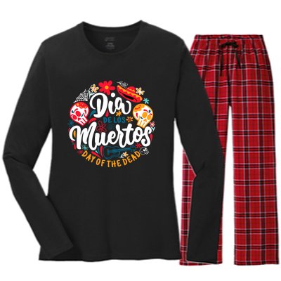 El Dia De Los Muertos Day Of The Dead Skull Sambrero Guitar Women's Long Sleeve Flannel Pajama Set 