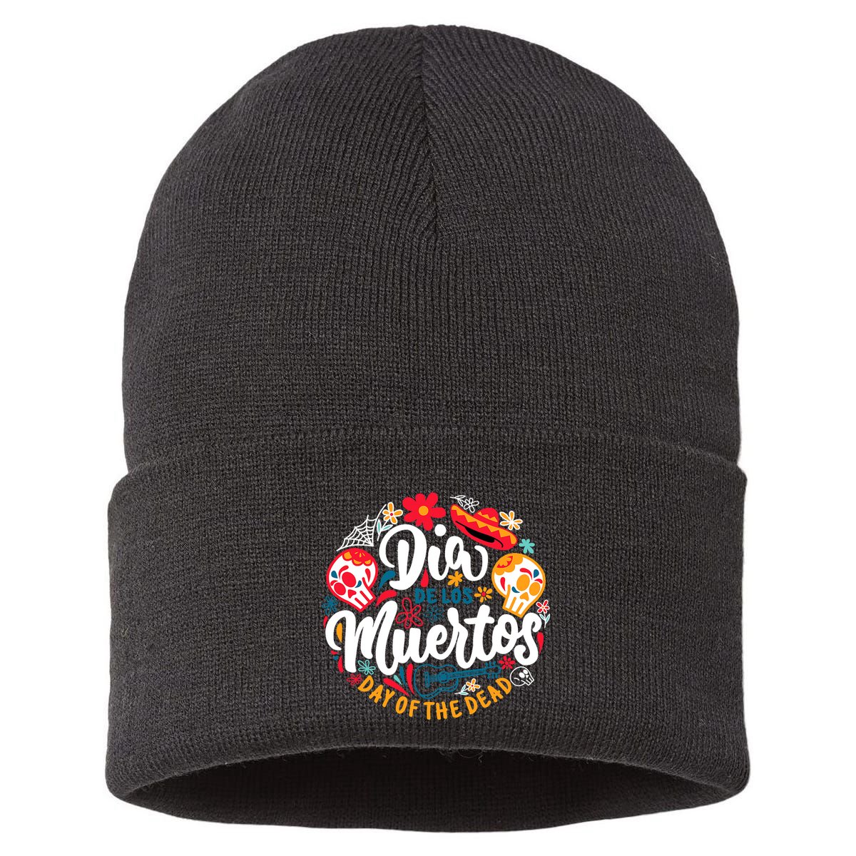 El Dia De Los Muertos Day Of The Dead Skull Sambrero Guitar Sustainable Knit Beanie