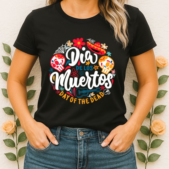 El Dia De Los Muertos Day Of The Dead Skull Sambrero Guitar Womens T-Shirt