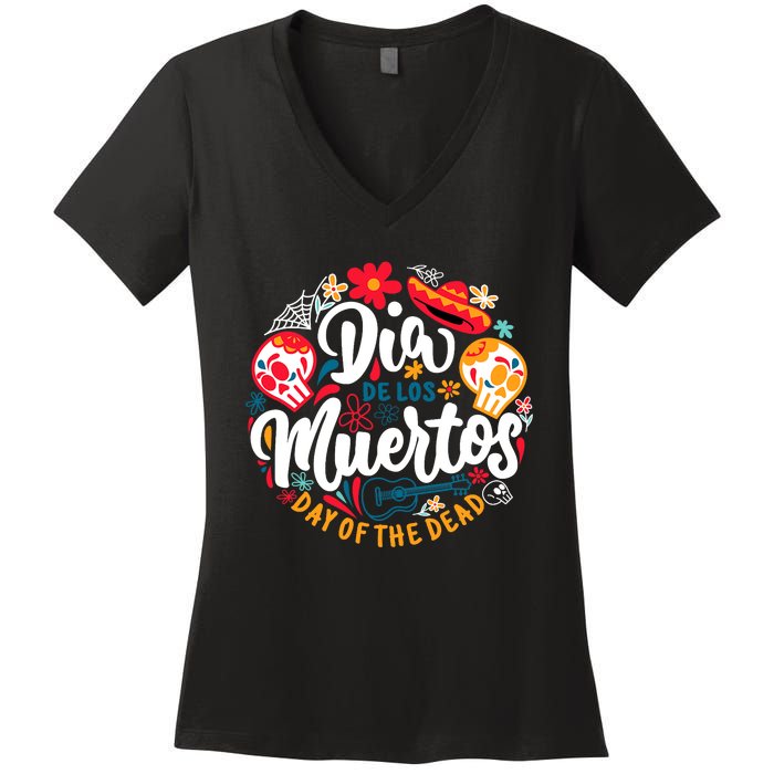 El Dia De Los Muertos Day Of The Dead Skull Sambrero Guitar Women's V-Neck T-Shirt