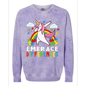 Embrace Differences Dabbing Unicorn Autism Awareness Month Gift Colorblast Crewneck Sweatshirt