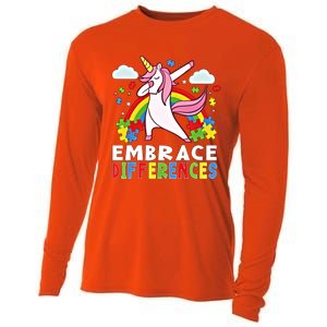 Embrace Differences Dabbing Unicorn Autism Awareness Month Gift Cooling Performance Long Sleeve Crew