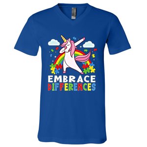 Embrace Differences Dabbing Unicorn Autism Awareness Month Gift V-Neck T-Shirt