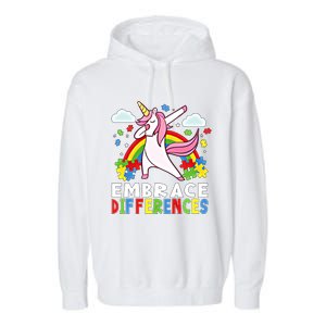 Embrace Differences Dabbing Unicorn Autism Awareness Month Gift Garment-Dyed Fleece Hoodie